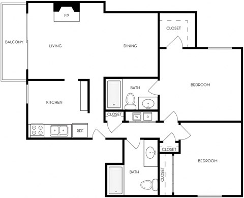 Floor plan for 2 beds, 2 baths, 1266 sqft